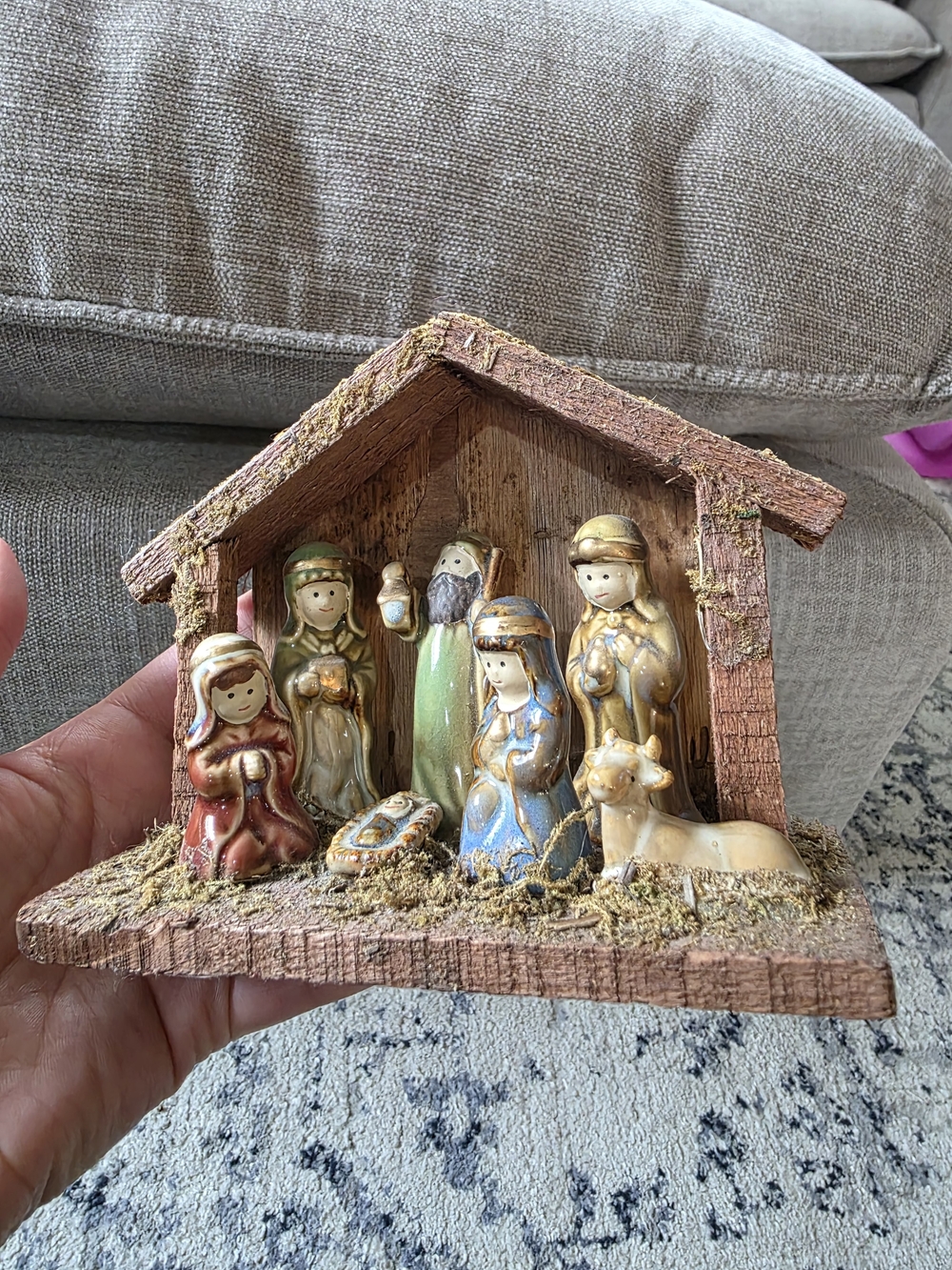 Vintage Mini Hand-Painted Porcelain Nativity Set Rustic Bark Stable